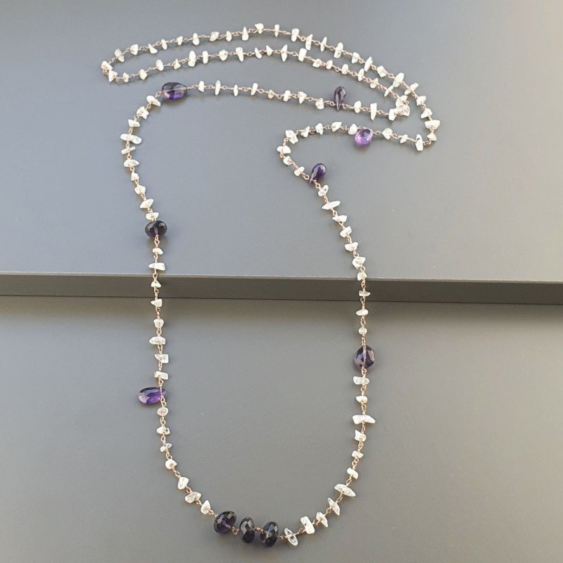Collana A Nodo Orafo Rosato Con Labradorite Bianca,Ametista Africana E Ametista Idrotermale
