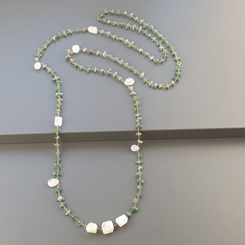 Collana A Nodo Orafo Rosato Con Avventurina Verde E Labradorite Bianco