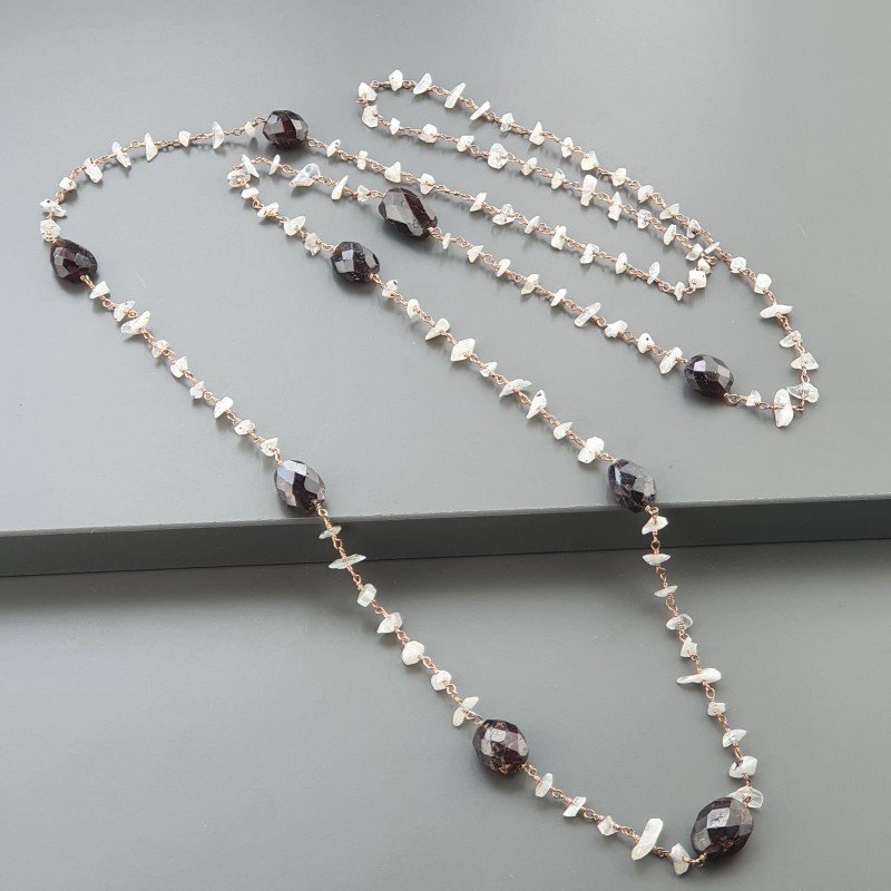 Collana A Nodo Orafo Rosato Con Labradorite Bianca E Granato Naturale