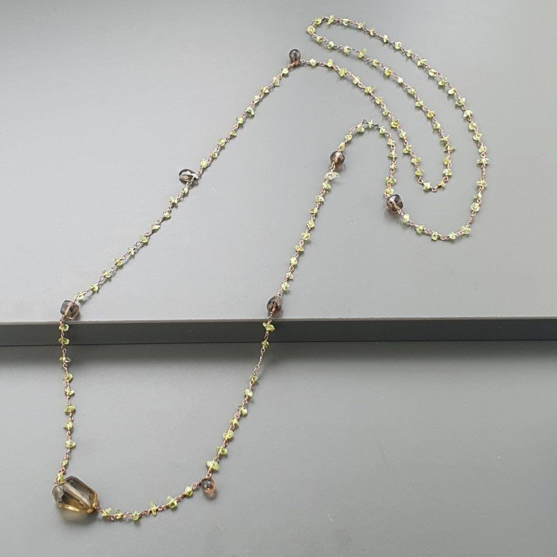 Collana A Nodo Orafo Rosato Con Peridoto E Quarzo Fume