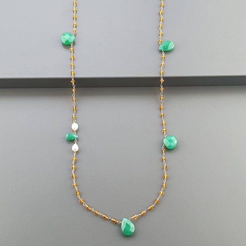 Collana A Nodo Orafo Dorato Con Cristallo Giallo,Giada E Perle Di Fiume