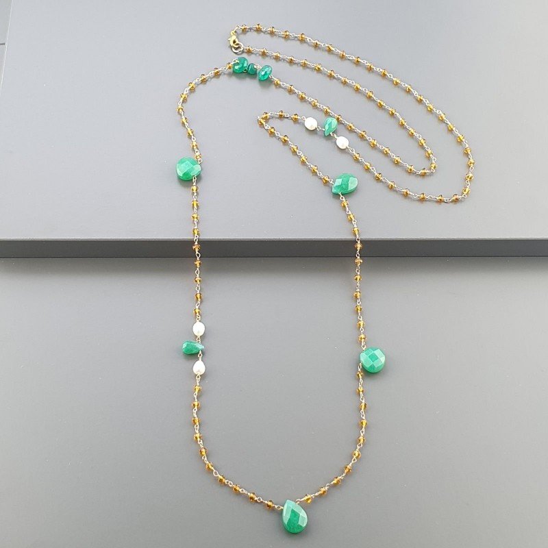 Collana A Nodo Orafo Dorato Con Cristallo Giallo,Giada E Perle Di Fiume