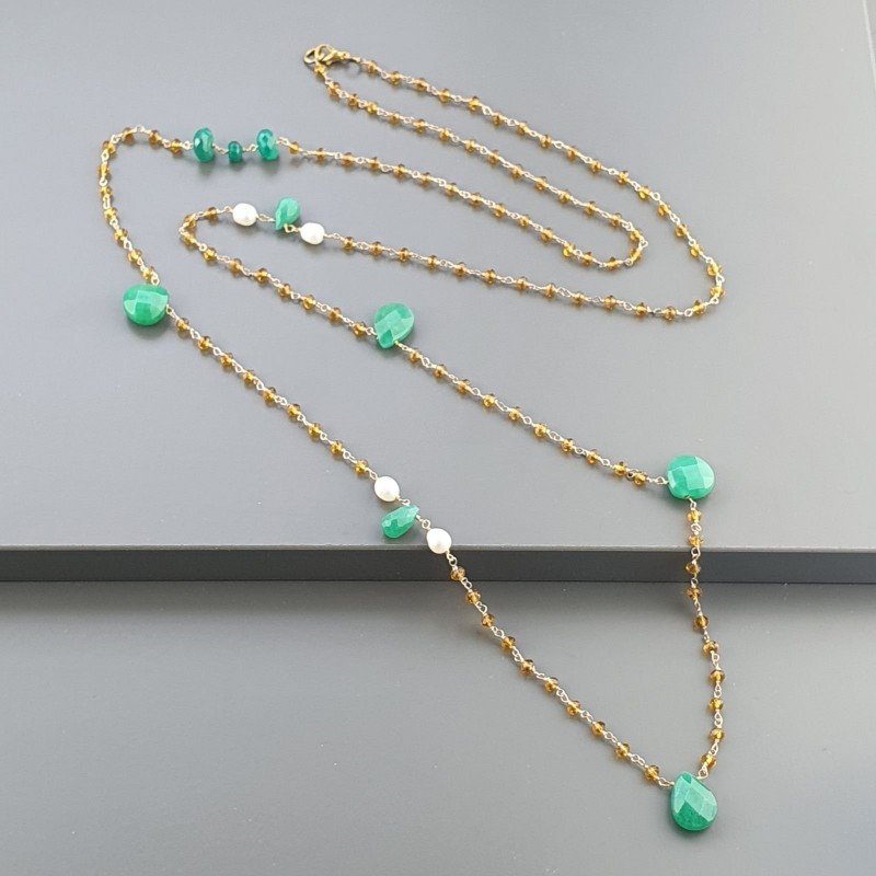 Collana A Nodo Orafo Dorato Con Cristallo Giallo,Giada E Perle Di Fiume