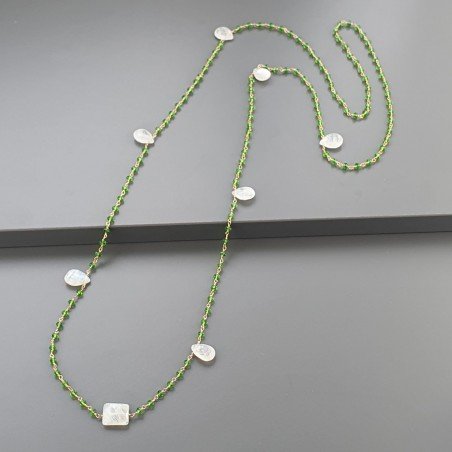 Collana A Nodo Orafo Rosato Con Cristallo Verde E Labradorite Bianca