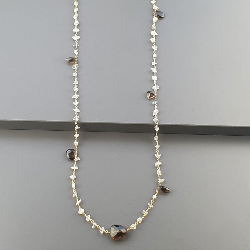 Collana A Nodo Orafo Dorato Con Pietra Di Luna (Adularia) E Quarzo Fume