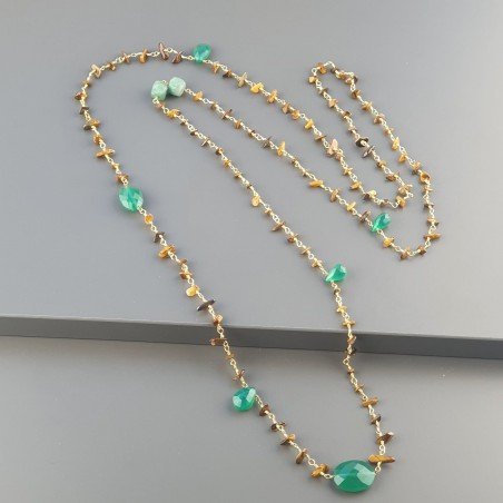 Collana A Nodo Orafo Dorato Con Occhio Di Tigre,Onice Verde E Giada