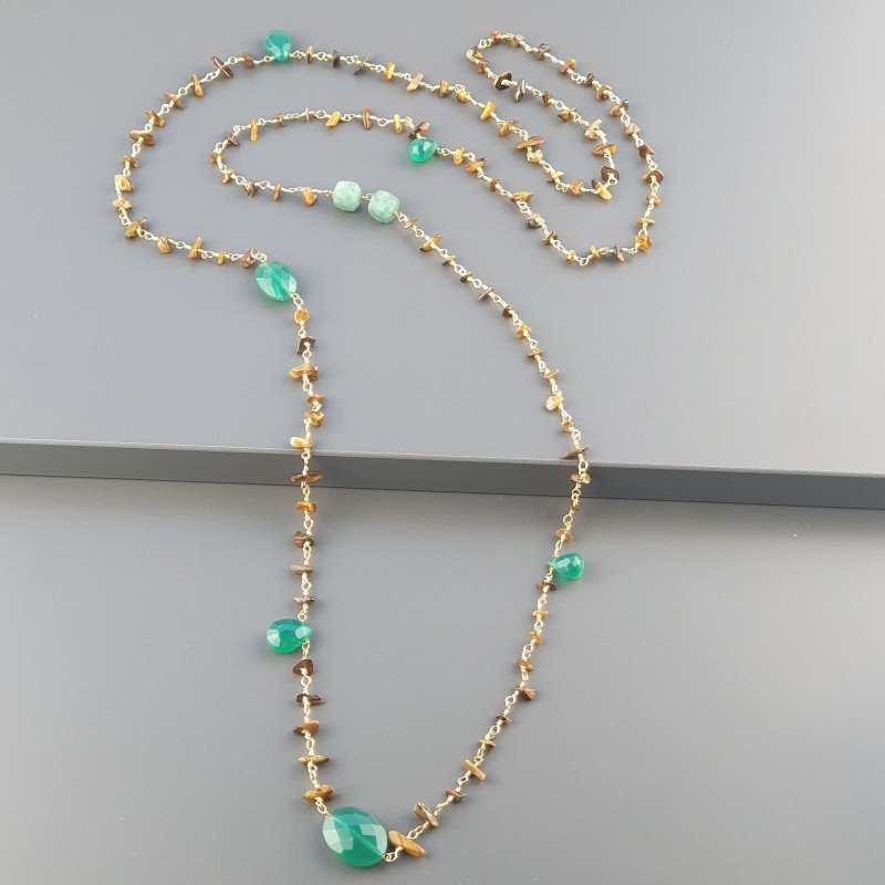 Collana A Nodo Orafo Dorato Con Occhio Di Tigre,Onice Verde E Giada