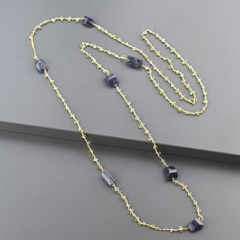 Collana A Nodo Orafo Dorato Con Peridoto E Iolite Sassi