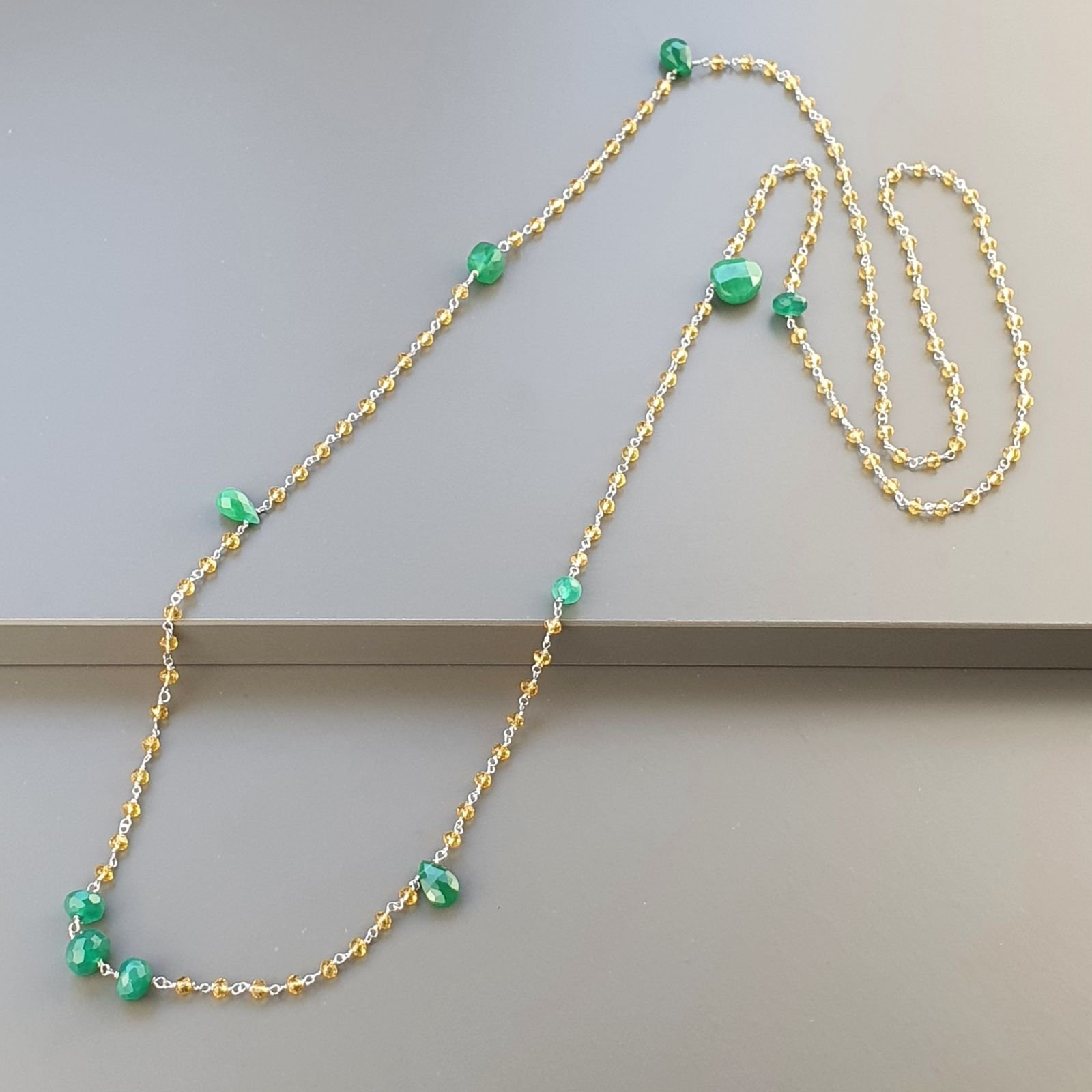 Collana A Nodo Orafo Argentato Con Cristallo Giallo,Onice Verde E Giada