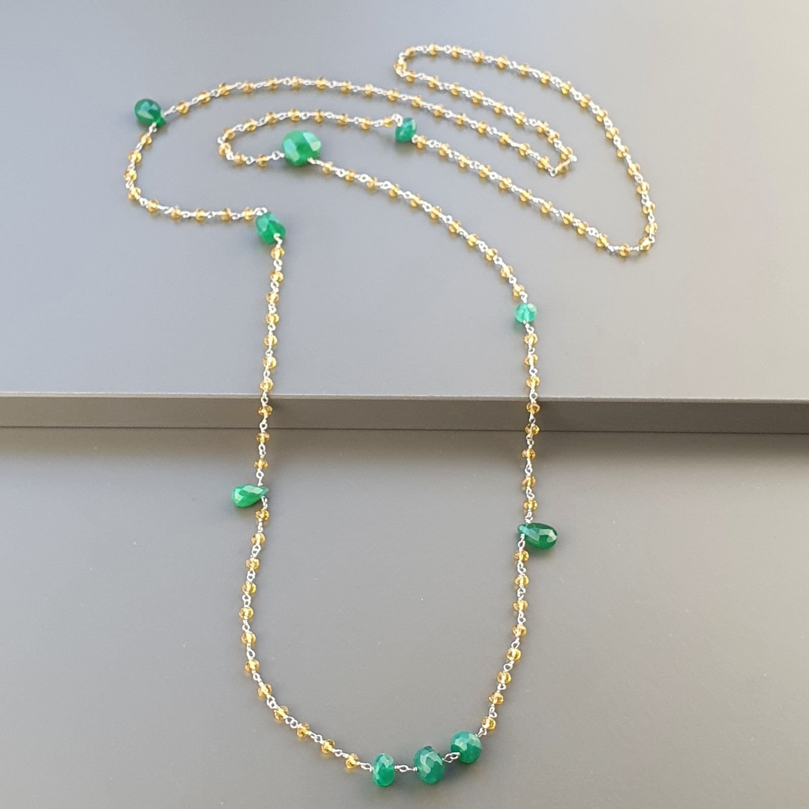 Collana A Nodo Orafo Argentato Con Cristallo Giallo,Onice Verde E Giada