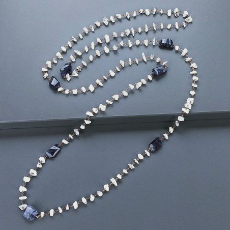 Collana A Nodo Orafo Rosato Con Labradorite Bianca E Iolite Naturale