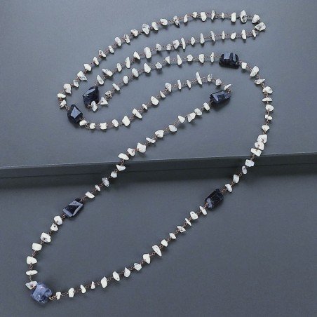 Collana A Nodo Orafo Rosato Con Labradorite Bianca E Iolite Naturale