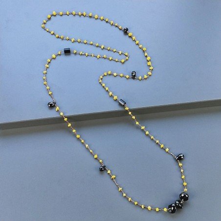Collana A Nodo Orafo Rosato Con Agata Gialla Spinello Nero E Onice Nera