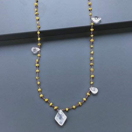 Collana A Nodo Orafo Rosato Con Agata Gialla Quarzo Rosa E Giada