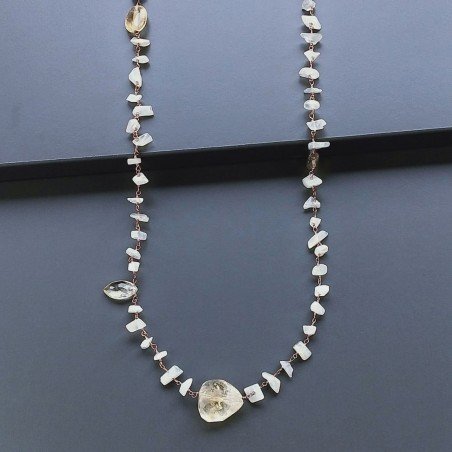 Collana A Nodo Orafo Rosato Con Pietra Di Luna (Adularia) E Quarzo Citrino