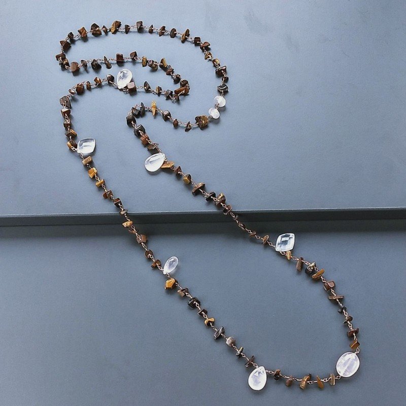 Collana A Nodo Orafo Rosato Con Occhio Di Tigre E Quarzo Rosa