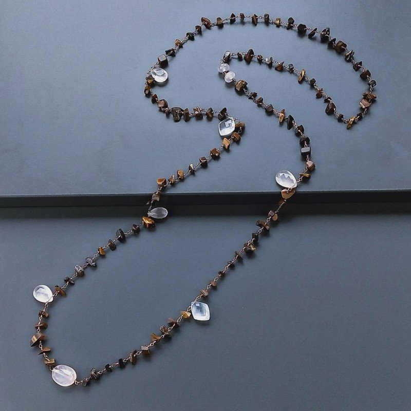 Collana A Nodo Orafo Rosato Con Occhio Di Tigre E Quarzo Rosa