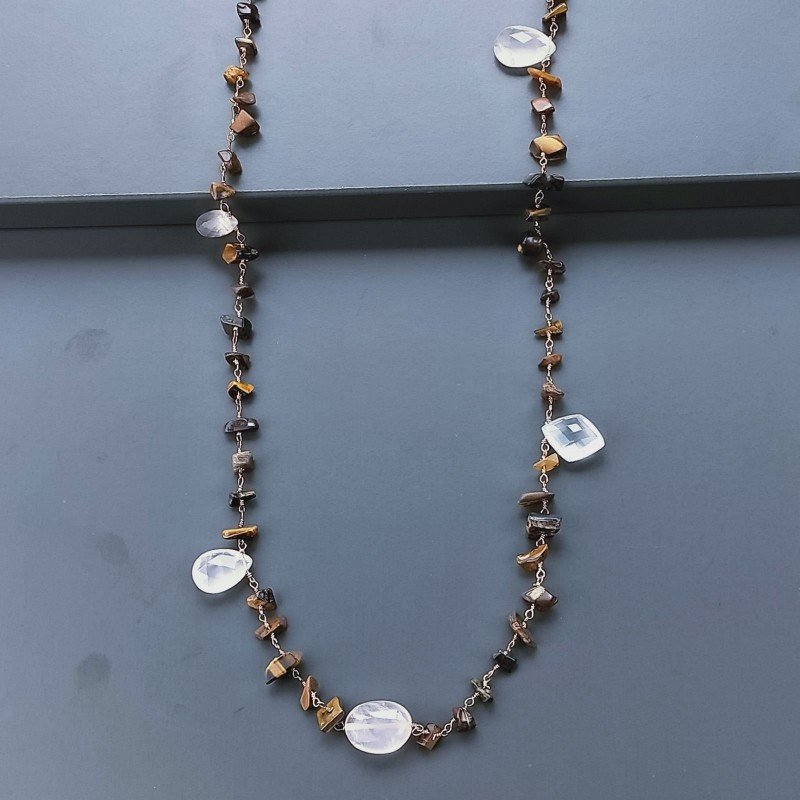 Collana A Nodo Orafo Rosato Con Occhio Di Tigre E Quarzo Rosa