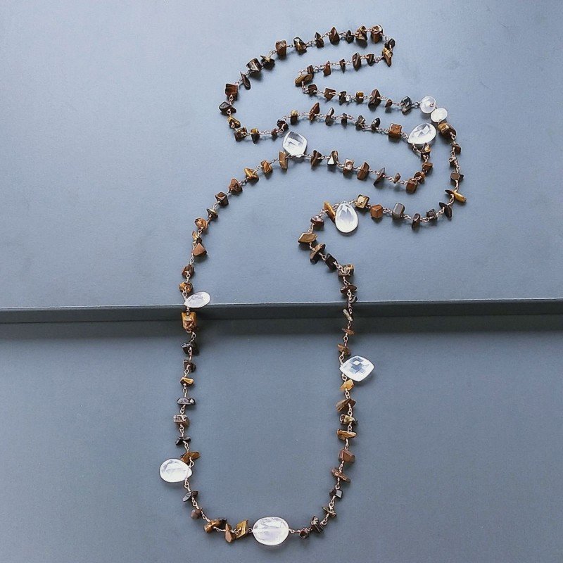 Collana A Nodo Orafo Rosato Con Occhio Di Tigre E Quarzo Rosa