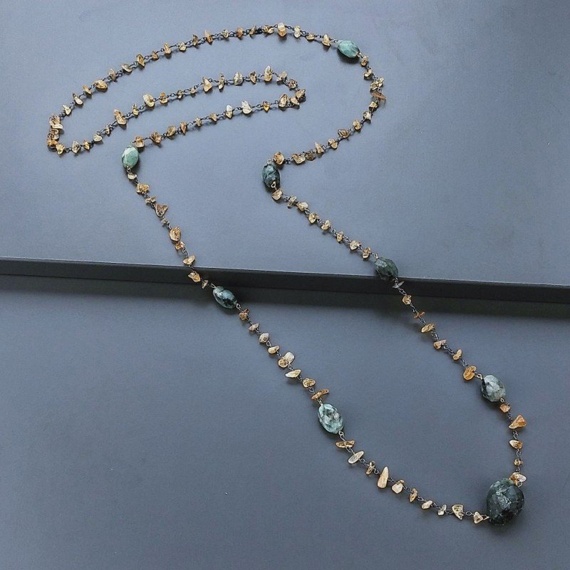 Collana A Nodo Orafo Brunito Con Quarzo Citrino Smeraldo Sassi