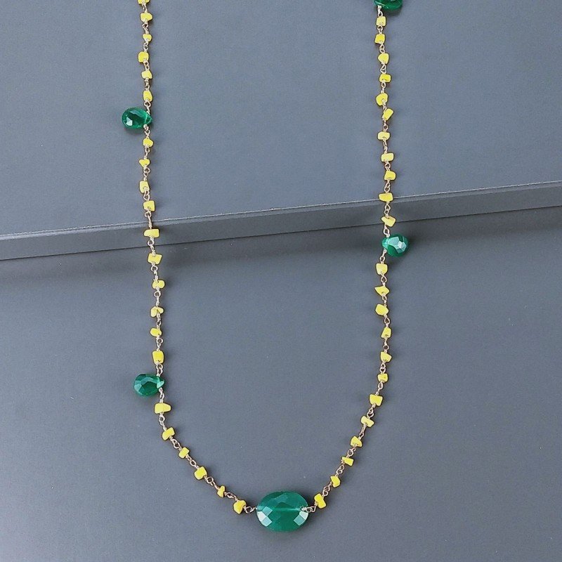 Collana A Nodo Orafo Rosato Con Agata Gialla E Onice Verde Collana A Nodo Orafo Rosato Con Agata Gialla E Onice Verde