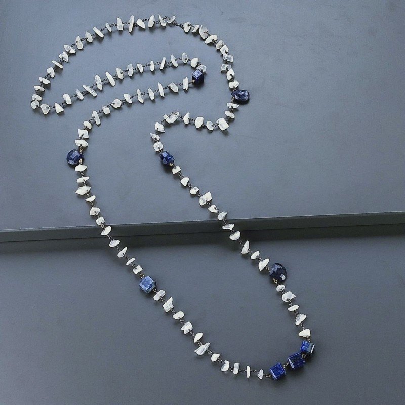 Collana A Nodo Orafo Brunito Con Pietra Di Luna (Adularia) Con Lapis Lazuli