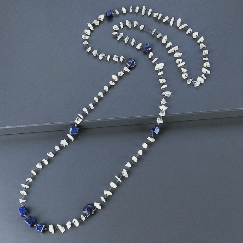 Collana A Nodo Orafo Brunito Con Pietra Di Luna (Adularia) Con Lapis Lazuli