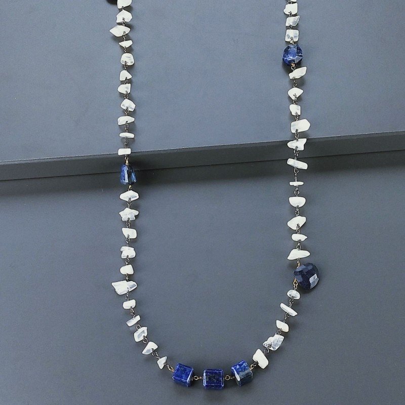 Collana A Nodo Orafo Brunito Con Pietra Di Luna (Adularia) Con Lapis Lazuli