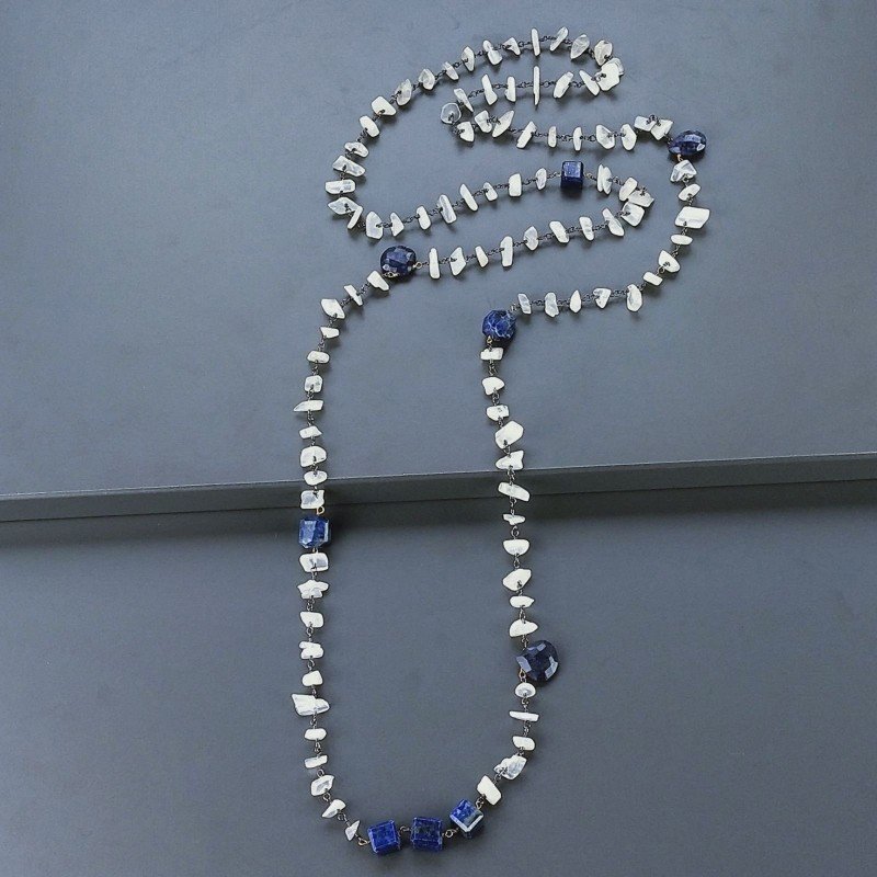 Collana A Nodo Orafo Brunito Con Pietra Di Luna (Adularia) Con Lapis Lazuli