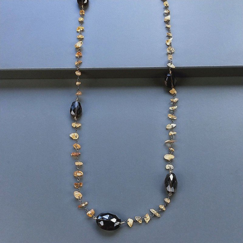 Collana A Nodo Orafo Brunito Con Quarzo Citrino E Quarzo Fume