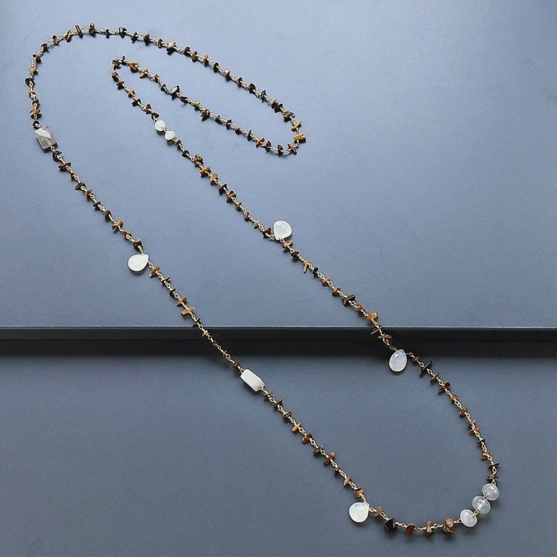Collana A Nodo Orafo Dorato Con Occhio Di Tigre E Pietra Di Luna (Adularia)