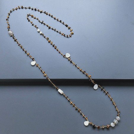Collana A Nodo Orafo Dorato Con Occhio Di Tigre E Pietra Di Luna (Adularia)