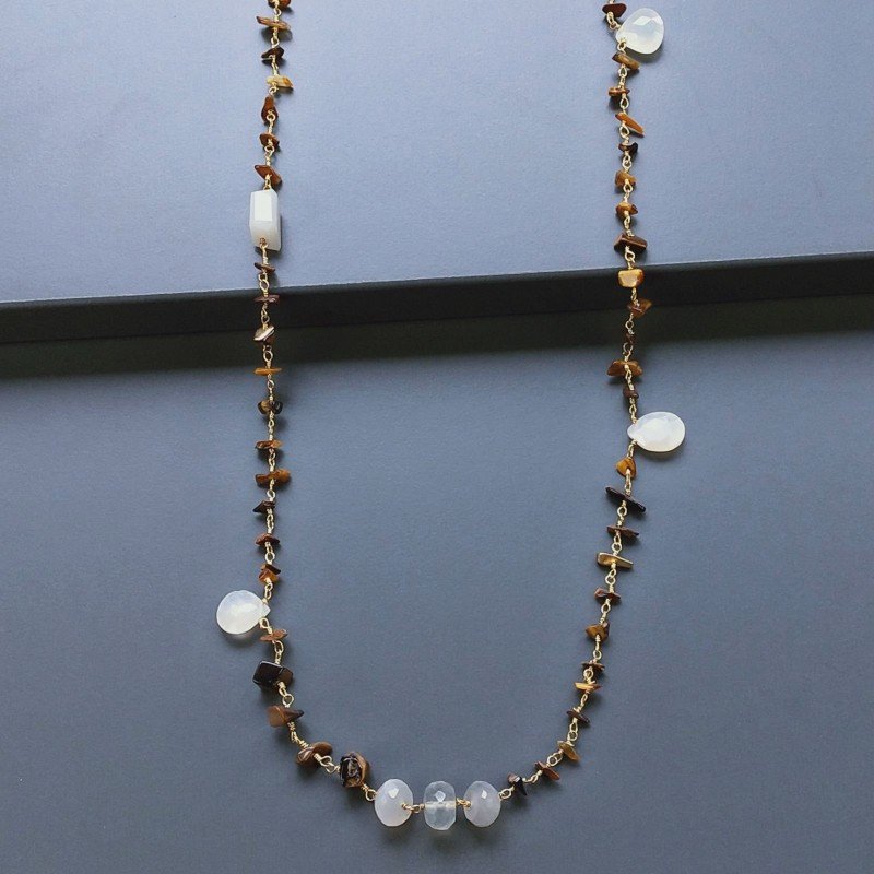 Collana A Nodo Orafo Dorato Con Occhio Di Tigre E Pietra Di Luna (Adularia)