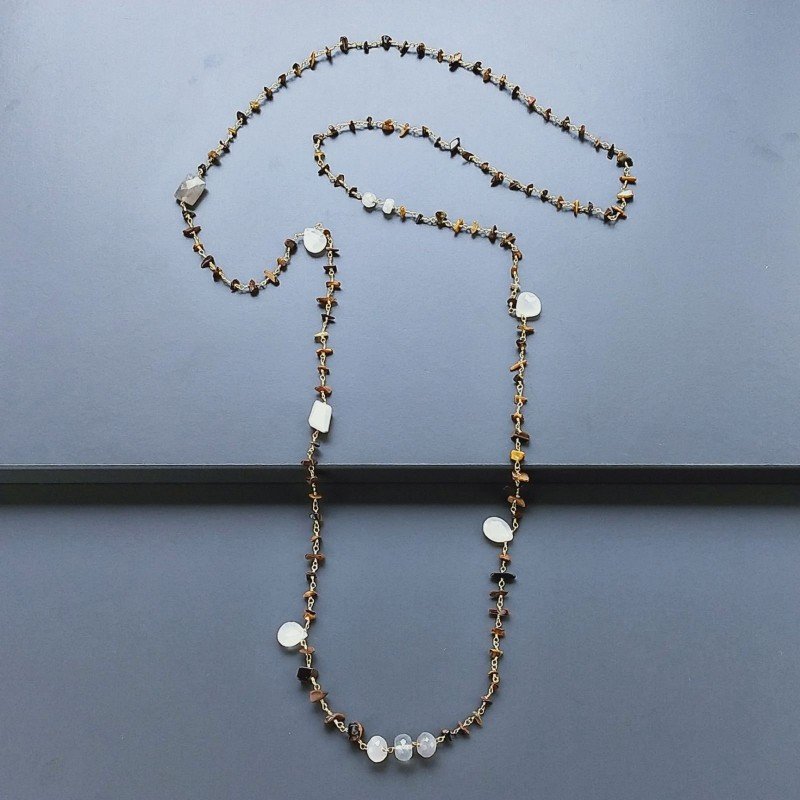 Collana A Nodo Orafo Dorato Con Occhio Di Tigre E Pietra Di Luna (Adularia)
