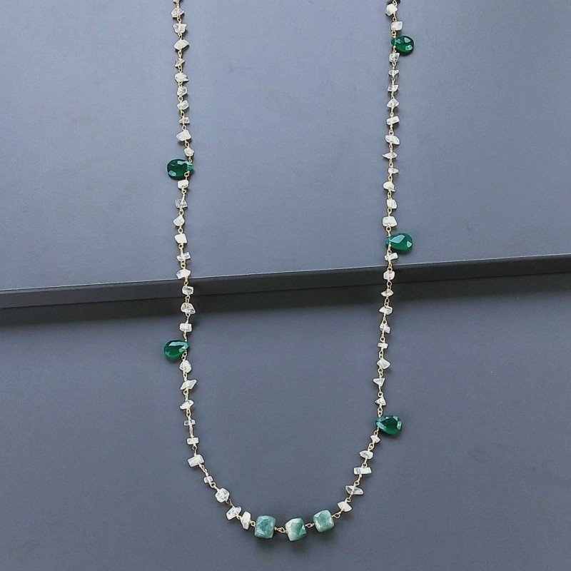 Collana A Nodo Orafo Dorato Con Pietra Di Luna (Adularia),Onice Verde E Giada