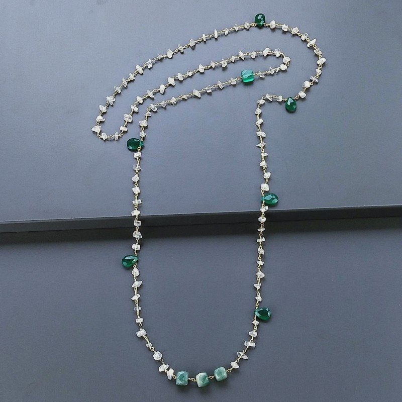 Collana A Nodo Orafo Dorato Con Pietra Di Luna (Adularia),Onice Verde E Giada