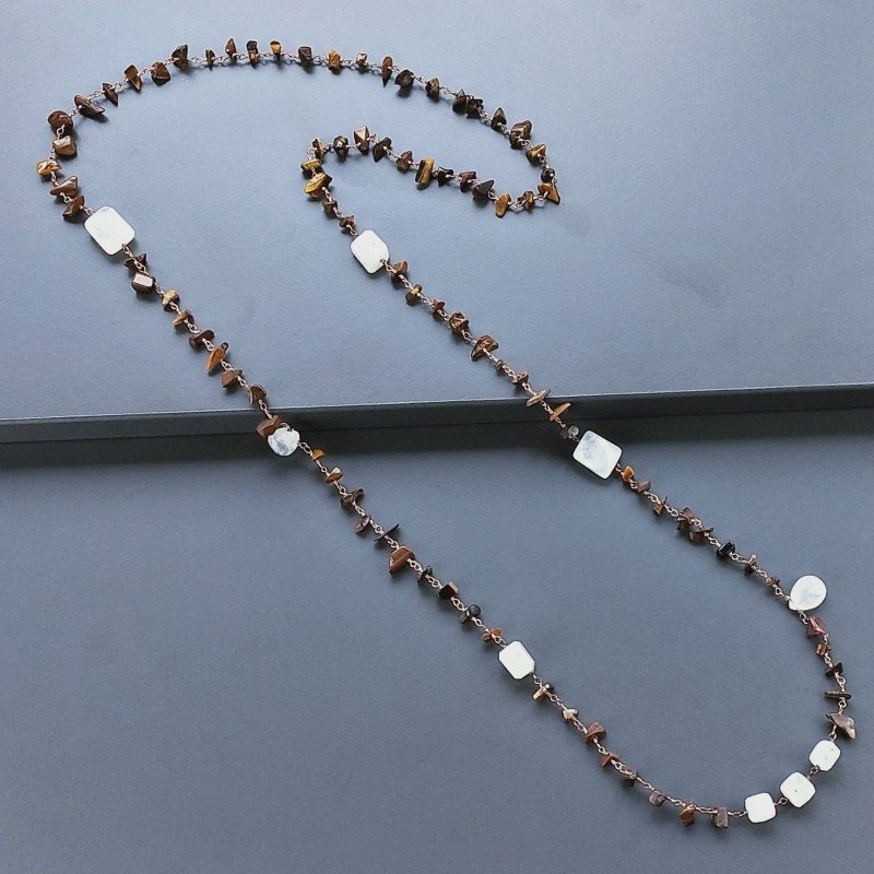 Collana A Nodo Orafo Rosato Con Occhio Di Tigre E Labradorite Bianca