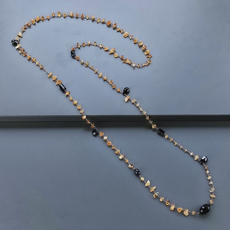 Collana A Nodo Orafo Rosato Con Quarzo Citrino,Spinello Nero E Onice Nera