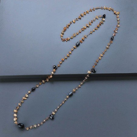 Collana A Nodo Orafo Rosato Con Quarzo Citrino,Spinello Nero E Onice Nera