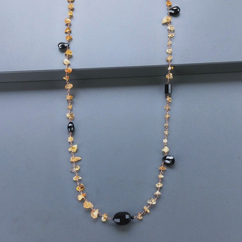 Collana A Nodo Orafo Rosato Con Quarzo Citrino,Spinello Nero E Onice Nera