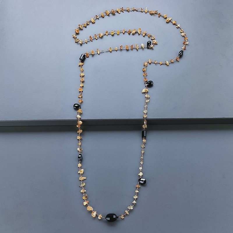Collana A Nodo Orafo Rosato Con Quarzo Citrino,Spinello Nero E Onice Nera