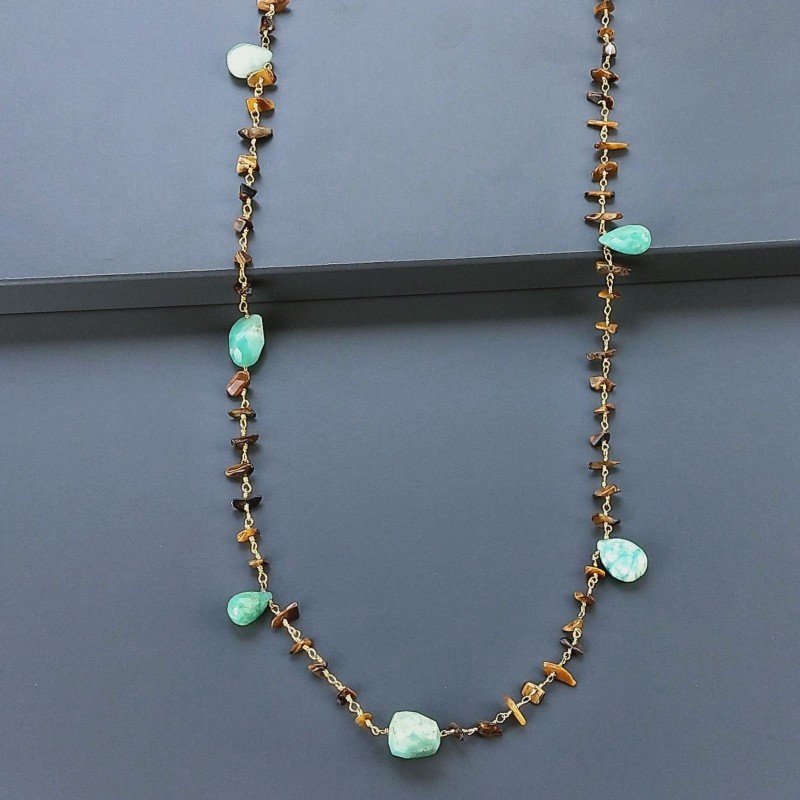Collana A Nodo Orafo Dorato Con Occhio Di Tigre E Crisoprasio