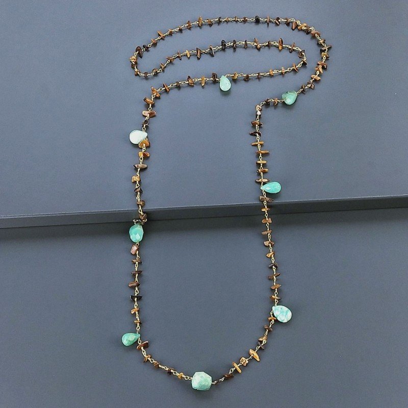 Collana A Nodo Orafo Dorato Con Occhio Di Tigre E Crisoprasio