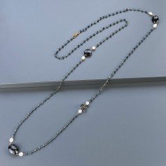 Collana A Nodo Orafo Rosato Con Cristallo Blu Metallizzato,Quarzo Fume E Perle Di Fiume