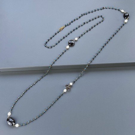 Collana A Nodo Orafo Rosato Con Cristallo Blu Metallizzato,Quarzo Fume E Perle Di Fiume