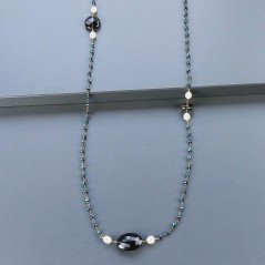 Collana A Nodo Orafo Rosato Con Cristallo Blu Metallizzato,Quarzo Fume E Perle Di Fiume