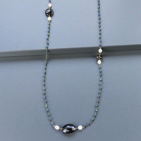 Collana A Nodo Orafo Rosato Con Cristallo Blu Metallizzato,Quarzo Fume E Perle Di Fiume