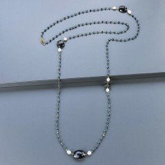 Collana A Nodo Orafo Rosato Con Cristallo Blu Metallizzato,Quarzo Fume E Perle Di Fiume