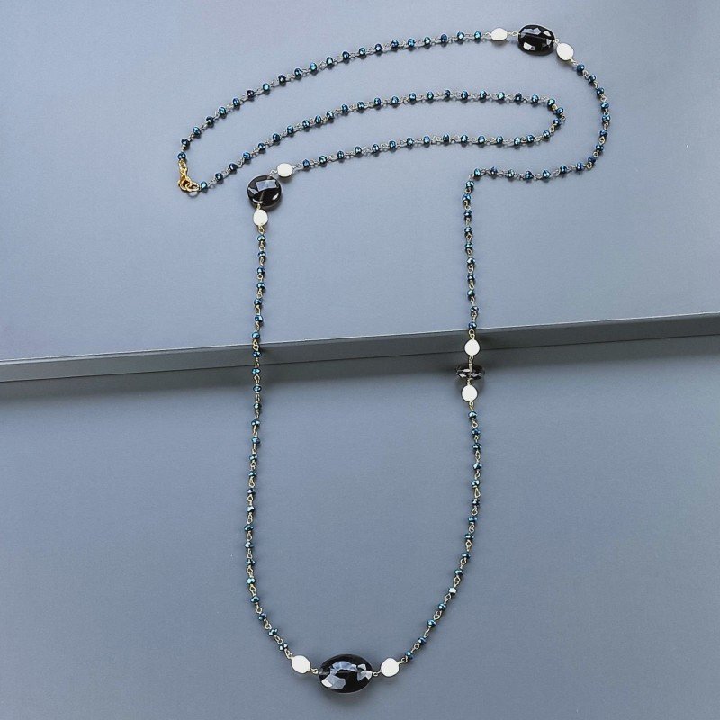 Collana A Nodo Orafo Rosato Con Cristallo Blu Metallizzato,Quarzo Fume E Perle Di Fiume