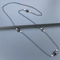 Collana A Nodo Orafo Rosato Con Cristallo Blu Metallizzato,Quarzo Fume E Perle Di Fiume